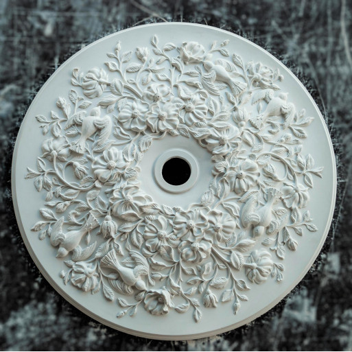 Розетка гипсовая с нежным рисунком птичек и цветов р-247 Ø800